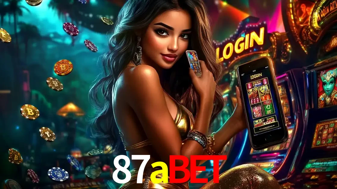 Mulher em um cenário de cassino temático de aventura, mostrando o app de caça-níqueis da 87abet no celular. Fichas de apostas flutuam ao redor.