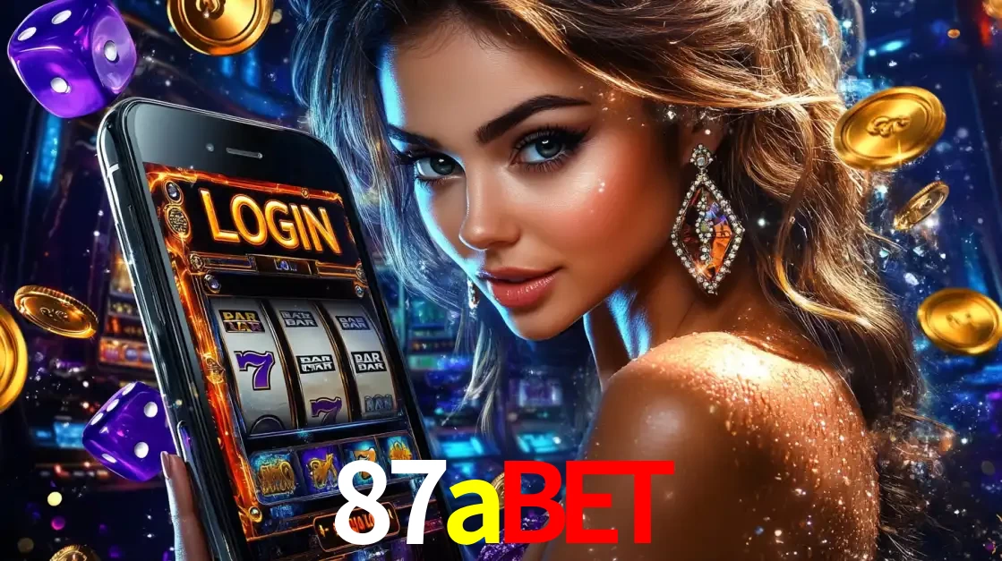 Mulher glamorosa segurando um smartphone com a tela de login para os jogos de caça-níqueis do cassino online 87abet, com moedas de ouro e dados ao redor.