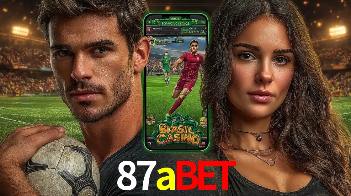 Homem segurando uma bola de futebol e uma mulher ao lado de um smartphone exibindo o jogo de apostas esportivas da 87abet. Faça seu palpite no cassino online.